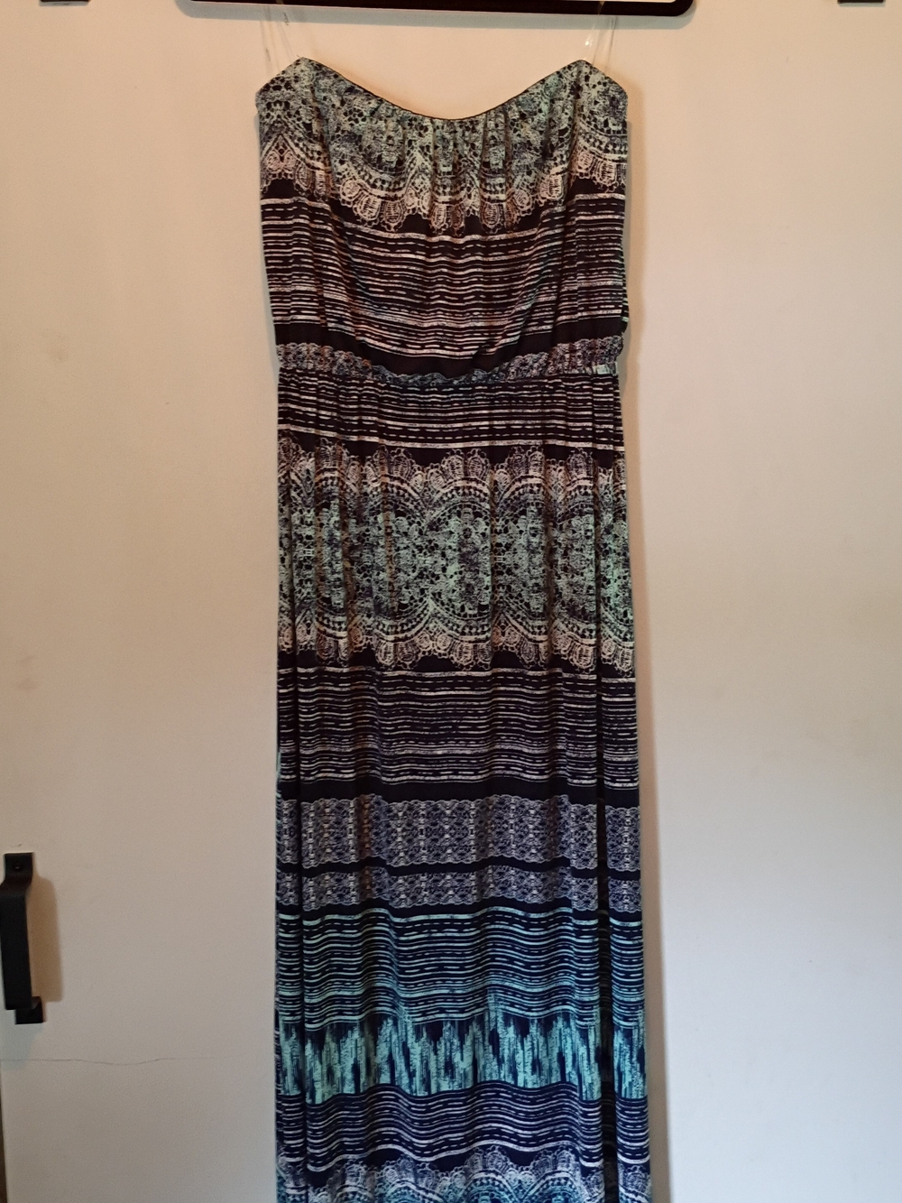 Trixxi Strapless Navy and Aqua Patterned Maxi Dress - Picture 2 of 6